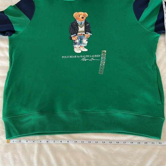 🎉Host Pick🎉Polo Ralph Lauren Green Polo Bear Hoodie w/ Navy Striped Sleeves XL - Picture 7 of 13
